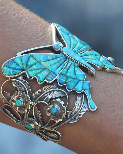 Blue Butterfly Cuff Bracelet – Sterling Silver with Genuine Blue Opal Stones