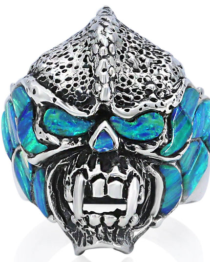 Blue Monster Opal & Onyx Ring – Handmade Sterling Silver (Size 8–14)