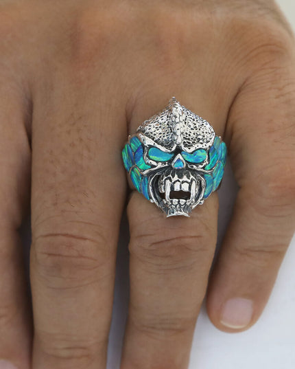 Blue Monster Opal & Onyx Ring – Handmade Sterling Silver (Size 8–14)
