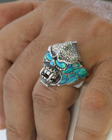 Blue Monster Opal & Onyx Ring – Handmade Sterling Silver (Size 8–14)