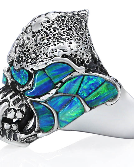 Blue Monster Opal & Onyx Ring – Handmade Sterling Silver (Size 8–14)