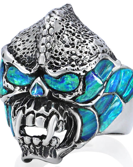 Blue Monster Opal & Onyx Ring – Handmade Sterling Silver (Size 8–14)
