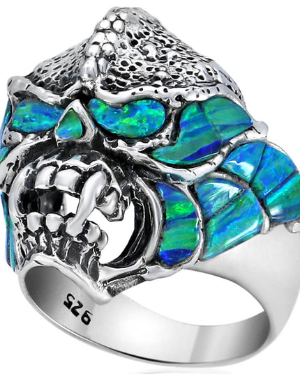 Blue Monster Opal & Onyx Ring – Handmade Sterling Silver (Size 8–14)