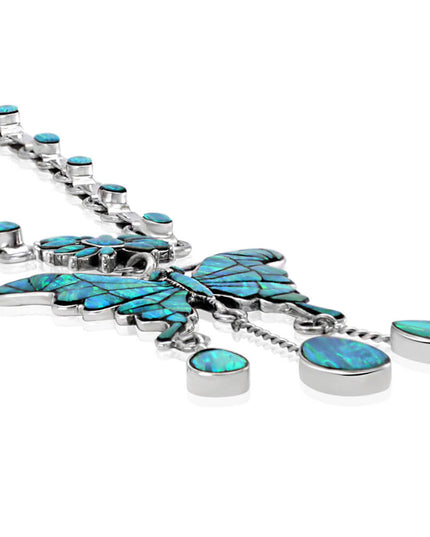 Butterfly Chain Necklace – Solid 925 Sterling Silver with Genuine Blue Opal Stones