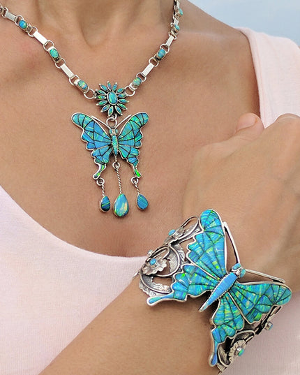 Butterfly Chain Necklace – Solid 925 Sterling Silver with Genuine Blue Opal Stones