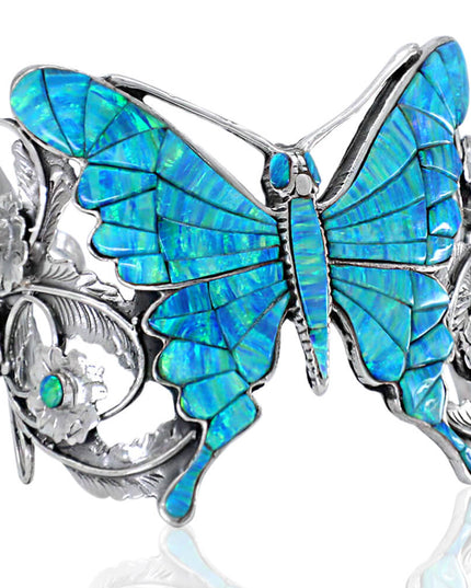 Blue Butterfly Cuff Bracelet – Sterling Silver with Genuine Blue Opal Stones