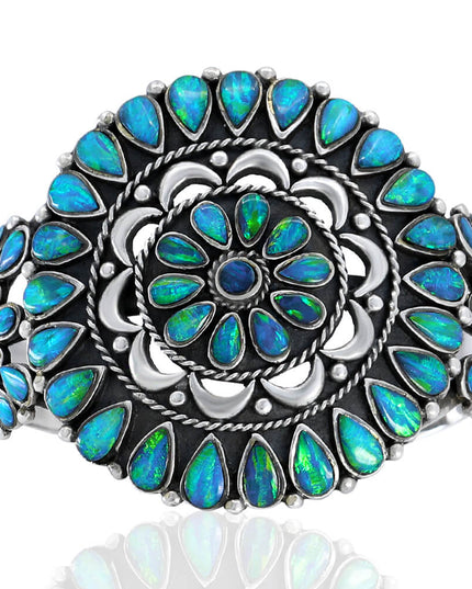 Mandala Cuff Bracelet – Sterling Silver with Genuine Blue Opal Stones