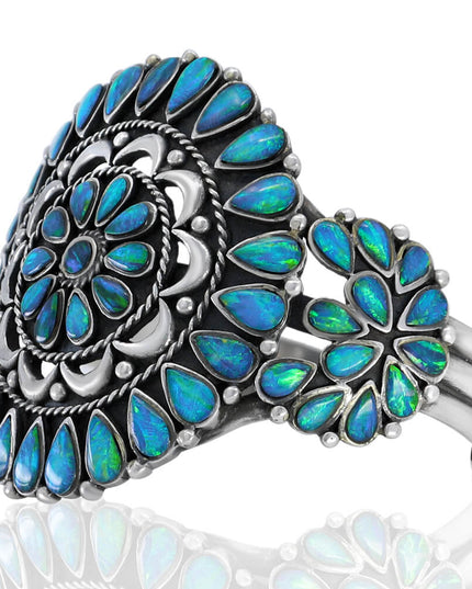 Mandala Cuff Bracelet – Sterling Silver with Genuine Blue Opal Stones
