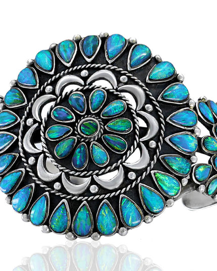 Mandala Cuff Bracelet – Sterling Silver with Genuine Blue Opal Stones
