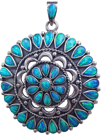 Blue Mandala Pendant – Handmade 925 Sterling Silver with Genuine Blue Opal