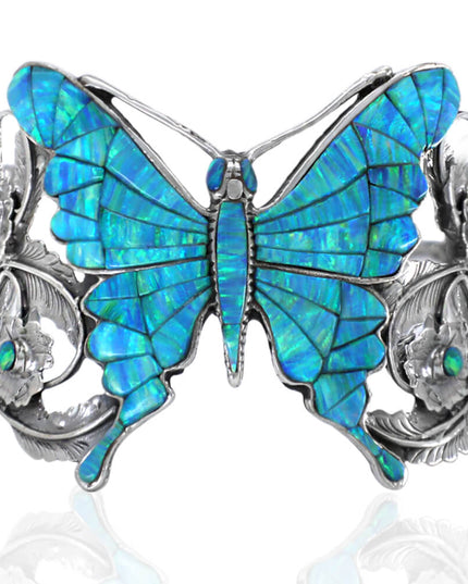 Blue Butterfly Cuff Bracelet – Sterling Silver with Genuine Blue Opal Stones