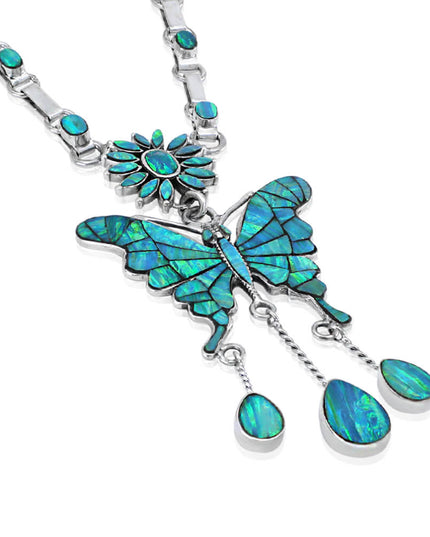 Butterfly Chain Necklace – Solid 925 Sterling Silver with Genuine Blue Opal Stones