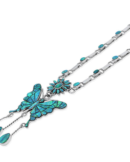 Butterfly Chain Necklace – Solid 925 Sterling Silver with Genuine Blue Opal Stones