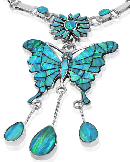 Butterfly Chain Necklace – Solid 925 Sterling Silver with Genuine Blue Opal Stones