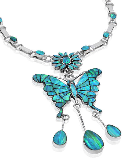 Butterfly Chain Necklace – Solid 925 Sterling Silver with Genuine Blue Opal Stones