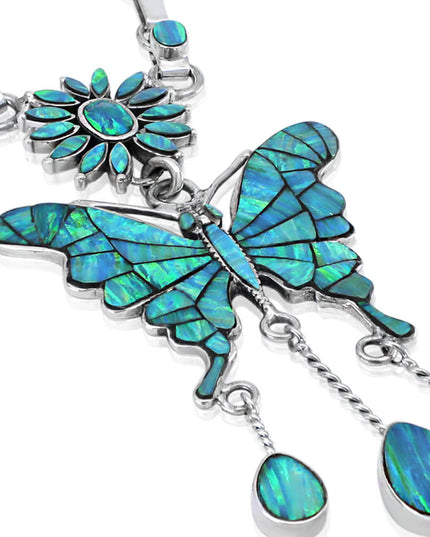 Butterfly Chain Necklace – Solid 925 Sterling Silver with Genuine Blue Opal Stones