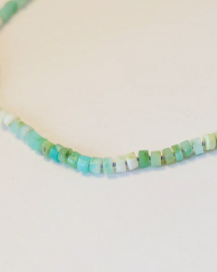 Green Opal Candy Necklace – Hand-Knotted Heishi Beads on Lavender Silk with 14K Gold-Filled Clasp (16.75")