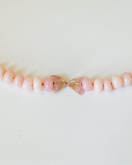Pink Opal Necklace with Tourmaline Butterfly Charm – 14K Gold & Hand-Knotted Silk