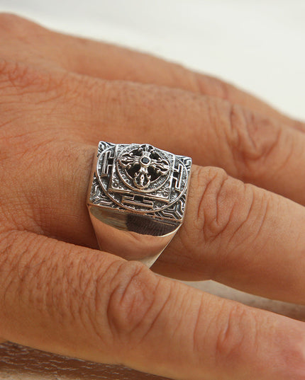 Cross Signet Ring – 925 Sterling Silver with Black CZ Stones