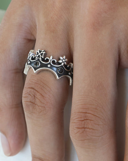 Crown 925 Sterling Silver Ring with 6 Black Cubic Zirconia – Sizes 8–14, Made in Thailand