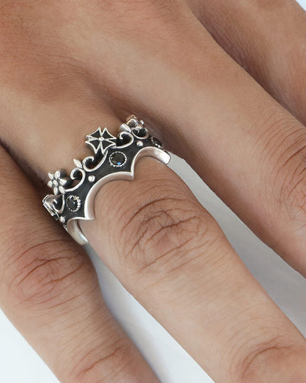 Crown 925 Sterling Silver Ring with 6 Black Cubic Zirconia – Sizes 8–14, Made in Thailand