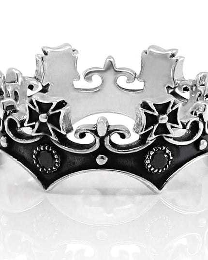 Crown 925 Sterling Silver Ring with 6 Black Cubic Zirconia – Sizes 8–14, Made in Thailand