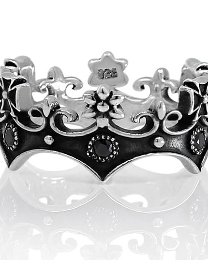 Crown 925 Sterling Silver Ring with 6 Black Cubic Zirconia – Sizes 8–14, Made in Thailand