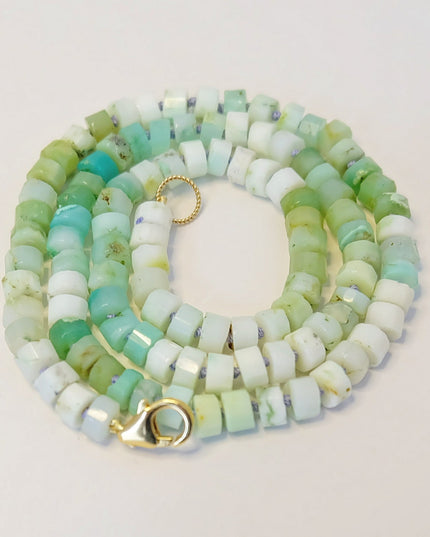 Green Opal Candy Necklace – Hand-Knotted Heishi Beads on Lavender Silk with 14K Gold-Filled Clasp (16.75")