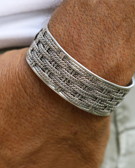 Basket Weave Sterling Silver Cuff Bracelet – Solid 925, Unisex 22mm Wide (38g)
