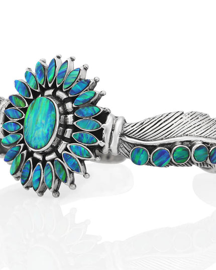 Blue Sun Cuff Bracelet – Solid 925 Sterling Silver with Genuine Blue Opal Stones