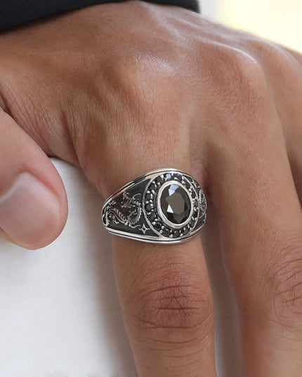 Dragon Eye 925 Sterling Silver Ring with Black Cubic Zirconia – 16.8mm Wide, Sizes 8–14.5, Made in Thailand