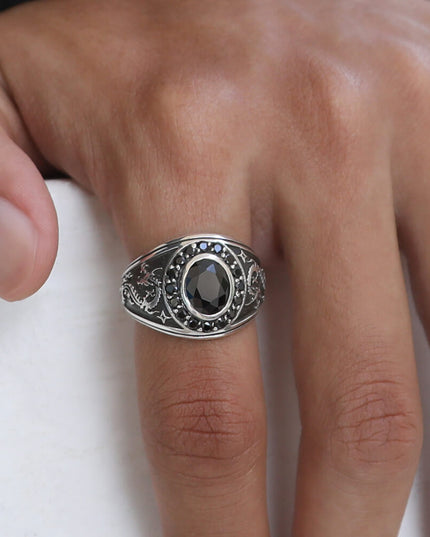 Dragon Eye 925 Sterling Silver Ring with Black Cubic Zirconia – 16.8mm Wide, Sizes 8–14.5, Made in Thailand