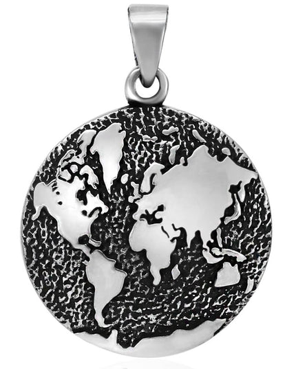 Earth Map 925 Sterling Silver Pendant – 28mm Round, 12g, Made in Thailand
