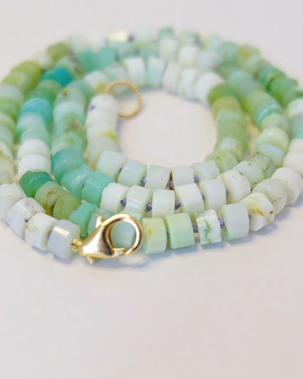 Green Opal Candy Necklace – Hand-Knotted Heishi Beads on Lavender Silk with 14K Gold-Filled Clasp (16.75")