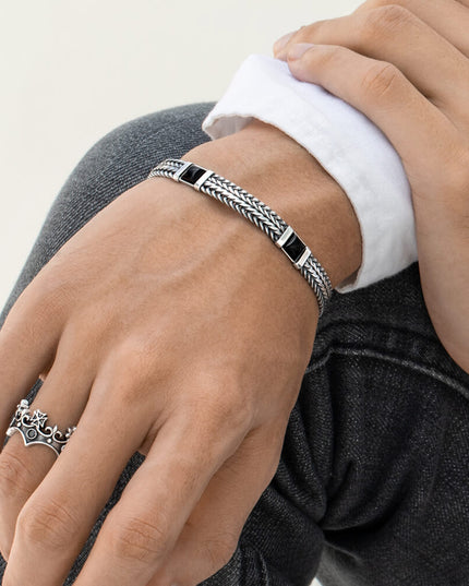 Milan at Night Italian 925 Sterling Silver & Onyx Bracelet – 7.5mm, 17–20g, Sizes 7–10, Lobster Lock