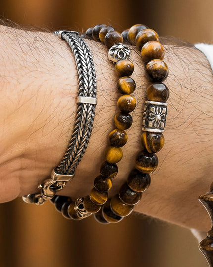 Golden Tiger Eye Gemstone Bracelet with 925 Sterling Silver – Bead Sizes 6mm, 8mm, 10mm, Unisex, S–XL