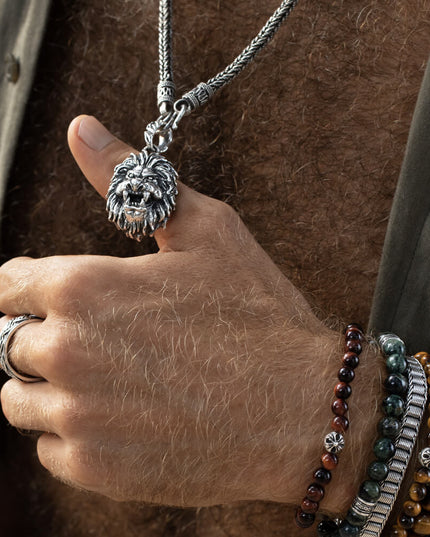 Silver Lion Pendant – 925 Sterling Silver, 24mm x 37mm, Braid/Roman Links/Rimini Chains, Majestic Jewelry