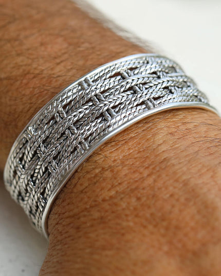Basket Weave Sterling Silver Cuff Bracelet – Solid 925, Unisex 22mm Wide (38g)