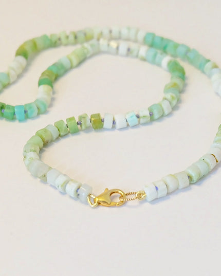 Green Opal Candy Necklace – Hand-Knotted Heishi Beads on Lavender Silk with 14K Gold-Filled Clasp (16.75")
