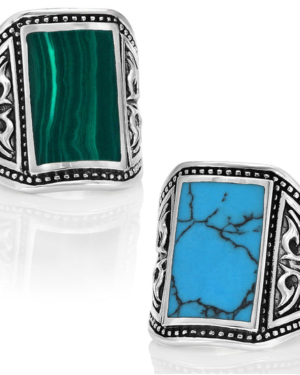 Malachite or Turquoise 925 Sterling Silver Ring – 20x13mm Stone, Sizes 8–15, Made in Thailand