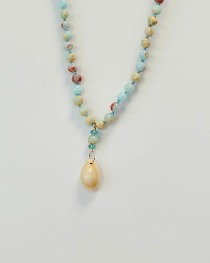 Agate Apatite Cowrie Shell Charm Necklace – Hand-Knotted 14K Gold Filled 18" Beaded Design