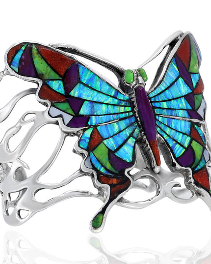 Multicolor Butterfly Cuff Bracelet – 925 Sterling Silver with Genuine Gemstones