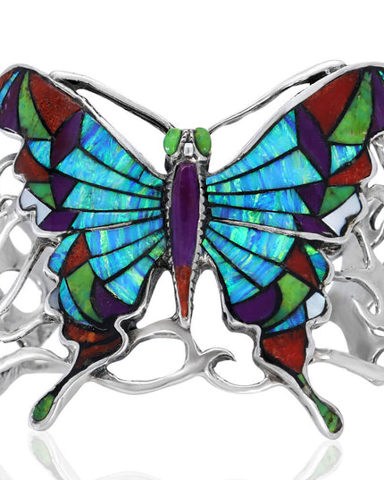 Multicolor Butterfly Cuff Bracelet – 925 Sterling Silver with Genuine Gemstones