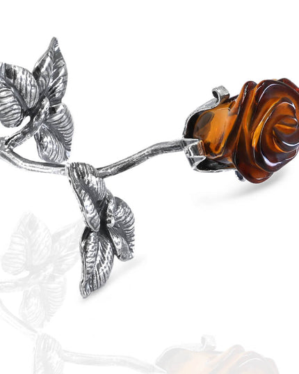 Silver Rose Handmade 925 Sterling Silver Rose Figurine with Baltic Amber – 5.9", 18.5g