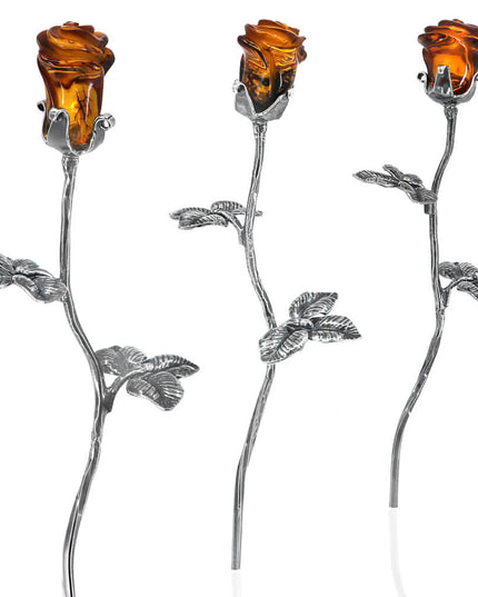 Silver Rose Handmade 925 Sterling Silver Rose Figurine with Baltic Amber – 5.9", 18.5g