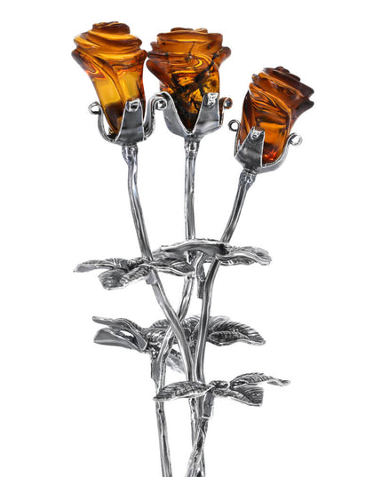 Silver Rose Handmade 925 Sterling Silver Rose Figurine with Baltic Amber – 5.9", 18.5g