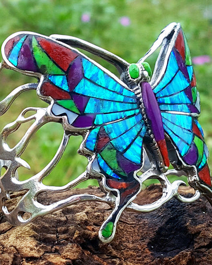 Multicolor Butterfly Cuff Bracelet – 925 Sterling Silver with Genuine Gemstones
