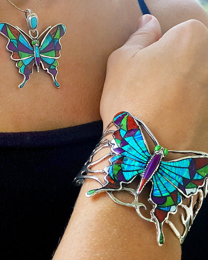 Multicolor Butterfly Cuff Bracelet – 925 Sterling Silver with Genuine Gemstones