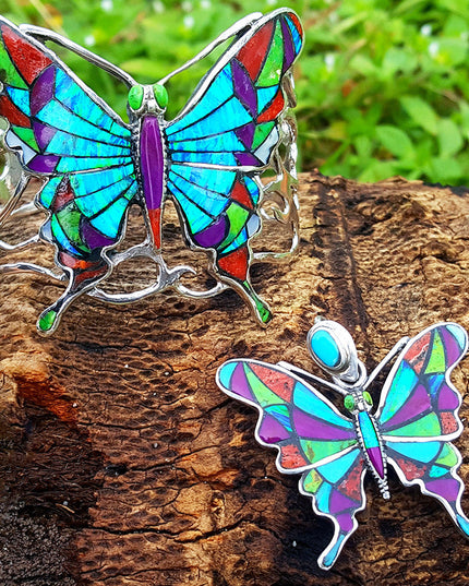 Multicolor Butterfly Cuff Bracelet – 925 Sterling Silver with Genuine Gemstones