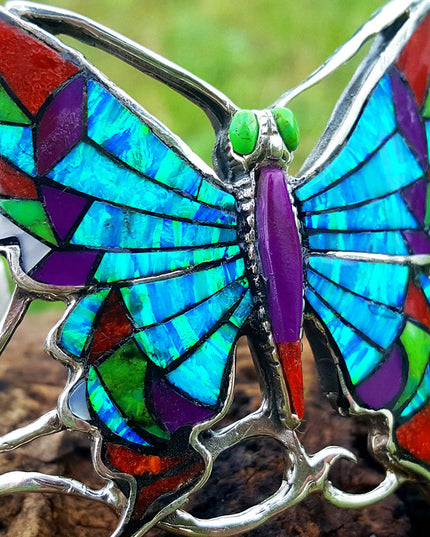Multicolor Butterfly Cuff Bracelet – 925 Sterling Silver with Genuine Gemstones